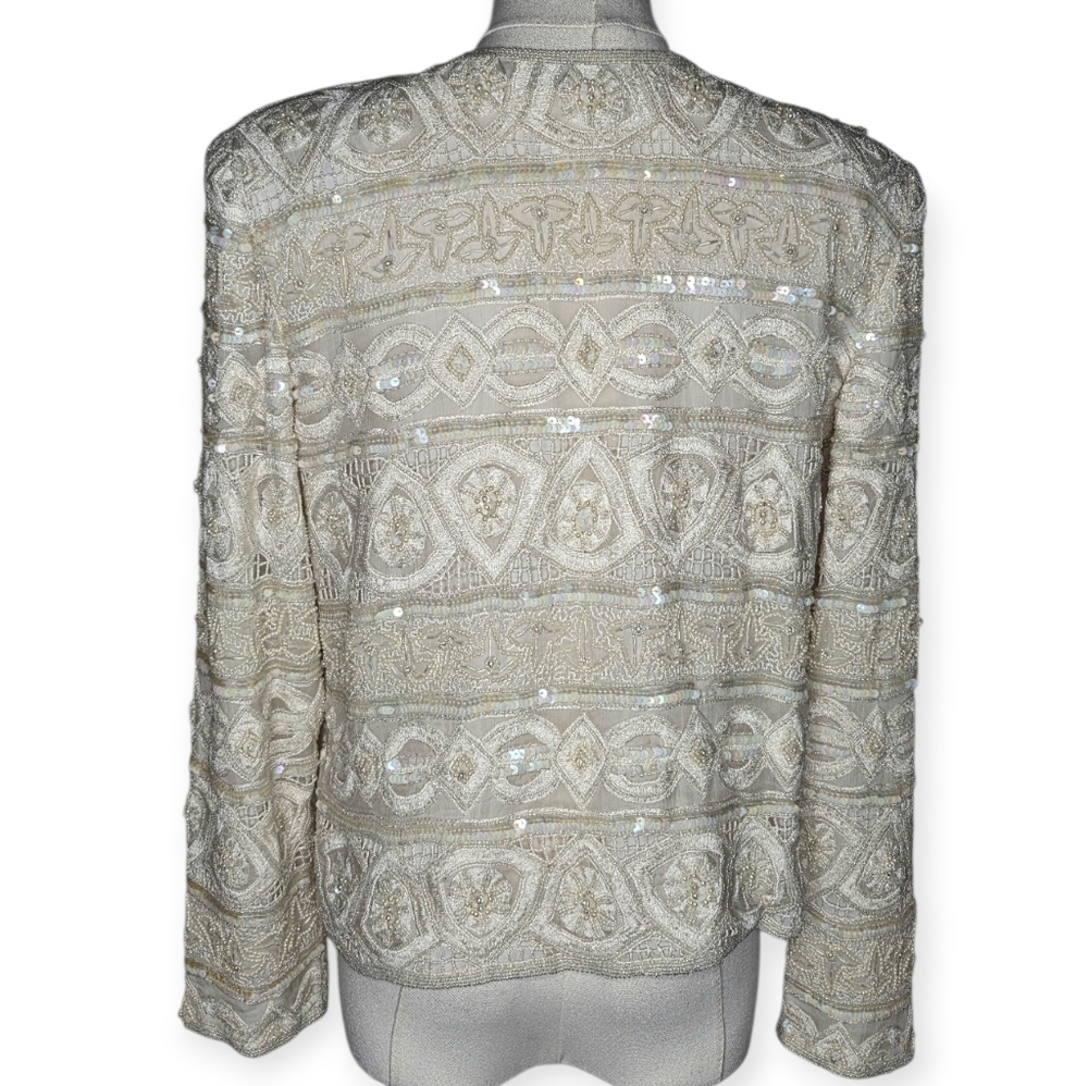 Vintage Scala Silk Beaded Sequin Jacket Ivory Small 80s 90s - Picture 4 of 15
